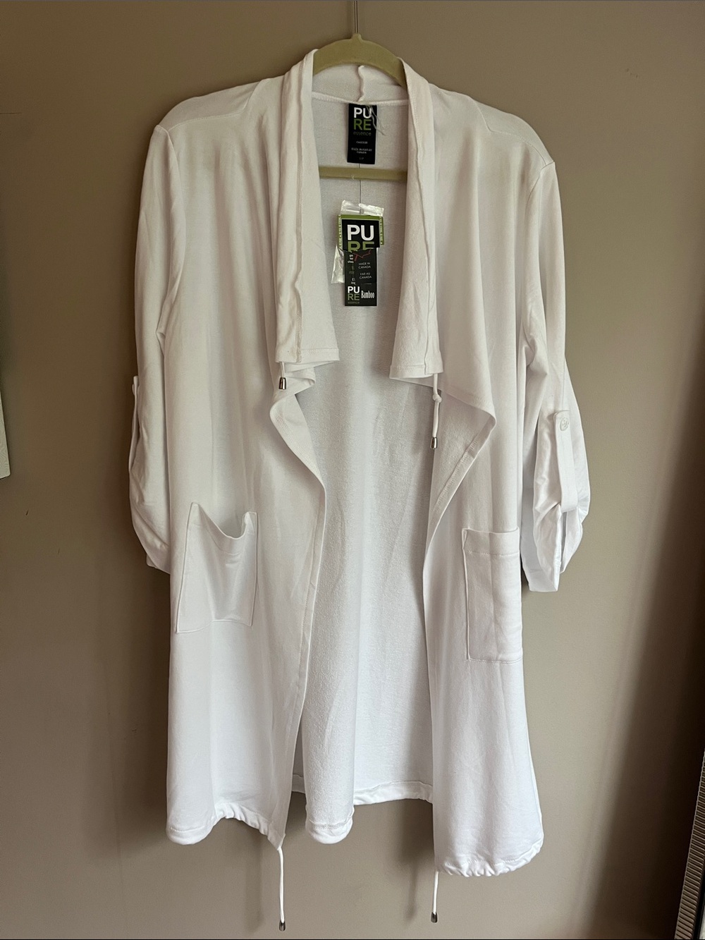 Pure Essence White Bamboo Draped Open Front Cover Up / Cardigan size small